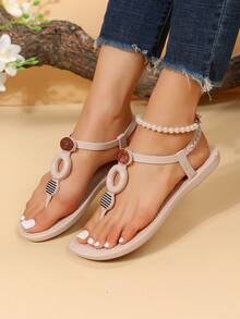 Women's Casual PVC Plastic Flat Thong Sandals, Non-Slip Fashion Beach Slippers For Summer - Beige - View 3