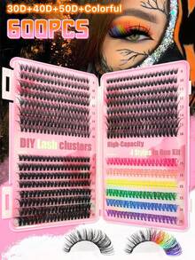 Queenice 600片彩色單束睫毛簇 D捲 9-16mm 30D-50D 混合 7色 萬聖節主題 DIY 睫毛接種套組 自然濃密纖長 超柔軟輕盈 可重複使用假睫毛 居家用 萬聖節 Cosplay 日常妝容 - 彩色 - 查看 7