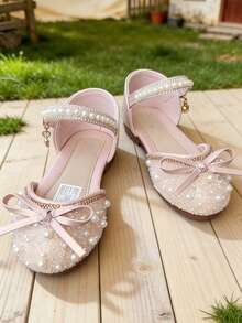 Girls' Party Shoes With Pearl Bow Detail And Ankle Strap, Elegant Girls' Outfit - Pink - View 5