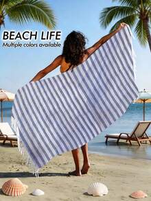 1pc/2pcs Set Striped Turkish Beach Towel - 39"X 71"/99 X 180 Cm Extra Large Sand-Proof Quick Dry Compact Cotton Beach Towel, Suitable For Beach, Bathroom, Swimming Pool, Travel, Yoga, Camping - Multicolor - View 12