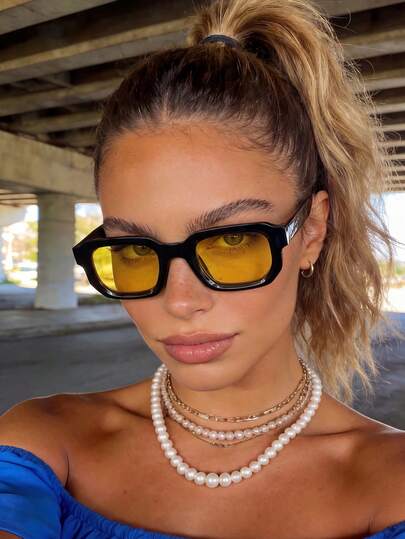 1 Pair Unisex Square Yellow Tinted Glasses, Suitable For Sports, Travel, Driving, Beach, Festivals, Vacations, Street, Fishing, Outdoor Activities. A Fashionable Street Style Accessory, Also A Great Choice For Summer Beach Vacations, Outdoor Trips, And Back-To-School Collegiate Look.