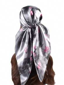 1pc Elegant Artistic Lotus Flower Print Faux Silk Women's Square Scarf, Casual Sun Protection Headscarf - Grey - View 4
