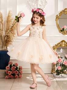 Girls' Solid Color Tulle & Satin Layered Floral Puff Dress, Elegant & For Birthday Party, School Event, No Headband Included - Champagne - View 2