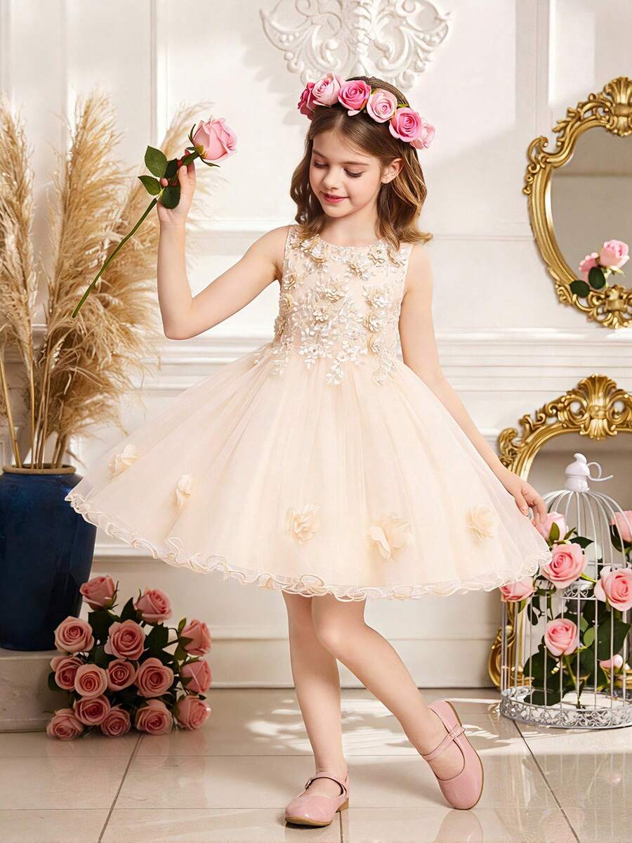 Girls' Solid Color Tulle & Satin Layered Floral Puff Dress, Elegant & For Birthday Party, School Event, No Headband Included