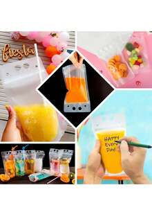 Semi-Transparent Zip Drink Bags With Handle And Straw Opening, Reusable Plastic Material For Cold Drinks, Cocktails, Wine. Portable Design Perfect For Outdoor Picnic, Holiday Party, Home Use. Sturdy Seal Prevents Leakage, Easy To Clean And Reuse For - 20pcs - View 5