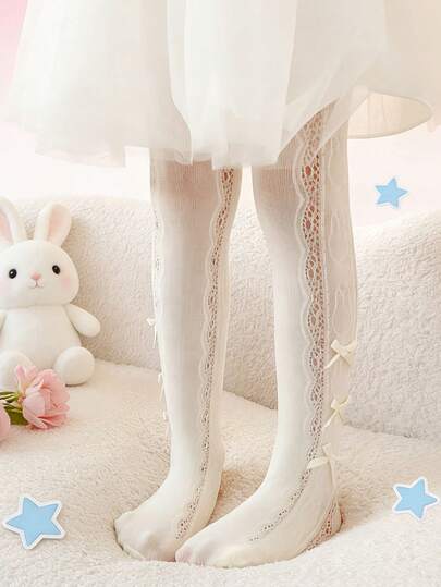 1 Pc New Spring/Summer Collection: Girls' Beige Tights Featuring Openwork Lace And Bow Accents-Japanese-Style Sweet & Cute Legwear. Soft, Comfortable, And Breathable Mesh Fabric-Perfect For Everyday Wear Or Parties.