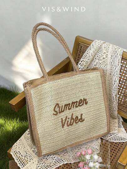 1pc Contrast Color Woven Fabric Tote Bag, Women's Retro Fashion Vacation Style Shoulder Tote Bag, Top Double Handle Design, Zipper Closure With Letter Decor, Suitable For Travel, Shopping, Dating, Women's Gift, Great For Commuting, Outdoor, Travel, Hiking