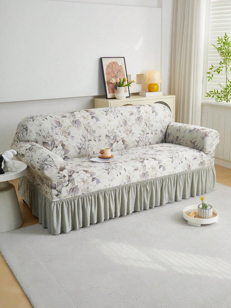 1 pièce Jupe décorative élastique antidérapante en tissu de soie de lait, convient pour la fête des mères, la saison des mariages, imprimé floral, couleur douce et élégante, motifs floraux riches, housse de canapé anti-poussière pour animaux de compagnie, disponible en tailles 1/2/3/4 places, convient pour toutes les saisons