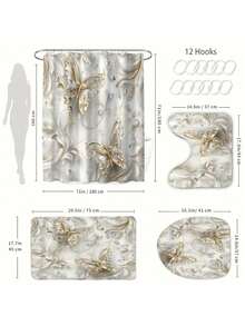 1pc/4pcs Elegant Butterfly Shower Curtain Set With 12 Hooks, Waterproof Polyester Fabric, Washable Bath Mat, Non-Slip Rug, Fashionable Bathroom Accessories, Dry Clean Only - Multicolor - View 8