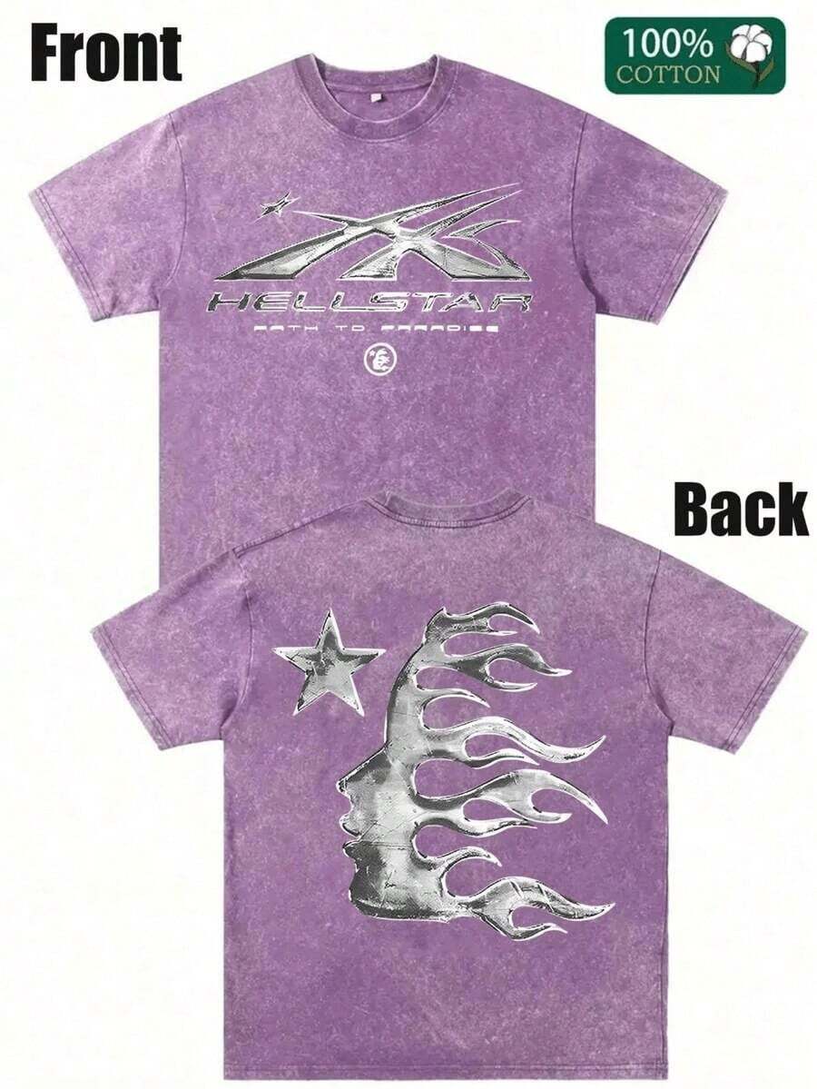 Men's Printed Pattern Washed T-Shirt - Casual Loose Summer T-Shirt With Star And Flame Design, Adult Brown 100% Pure Cotton Round Neck Shirt, Breathable T-Shirt | Avant-Garde Casual Wear | 100% Pure Cotton Printed T-Shirt - 紫色 - 查看 1