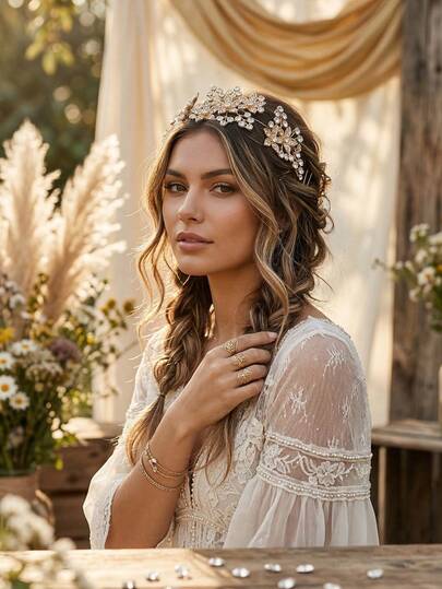 1pc Bridal Wedding Golden Sparkling Crystal Floral Headband, Handmade 3D Shiny Hair Hoop, Party & Evening Hair Accessory, Hair Clip Included