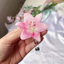 Pink Acrylic Lily Flower Rotating Retractable Badge Reel, Nurse/Doctor ID Card Holder Clip, Student Card/Lanyard Clip - 1PC - View 3