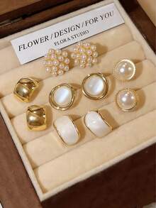 5pcs/Set Vintage Faux Pearl Five-Pointed Star & Circle Stud Earrings Set, Minimalist Design Suitable For Women Daily & Festival Wear (No Box) - Set a - View 1