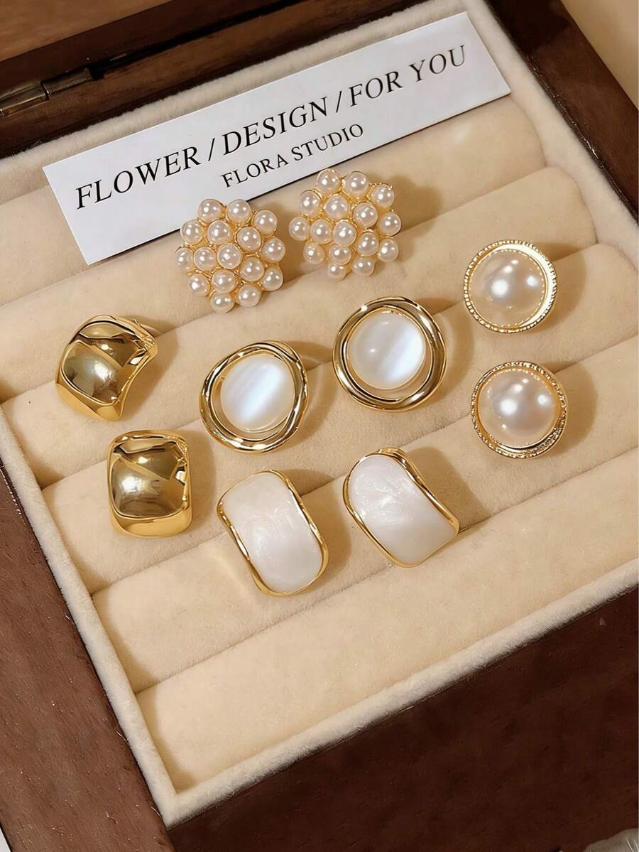 5pcs/Set Vintage Faux Pearl Five-Pointed Star & Circle Stud Earrings Set, Minimalist Design Suitable For Women Daily & Festival Wear (No Box) - Set a - View 1