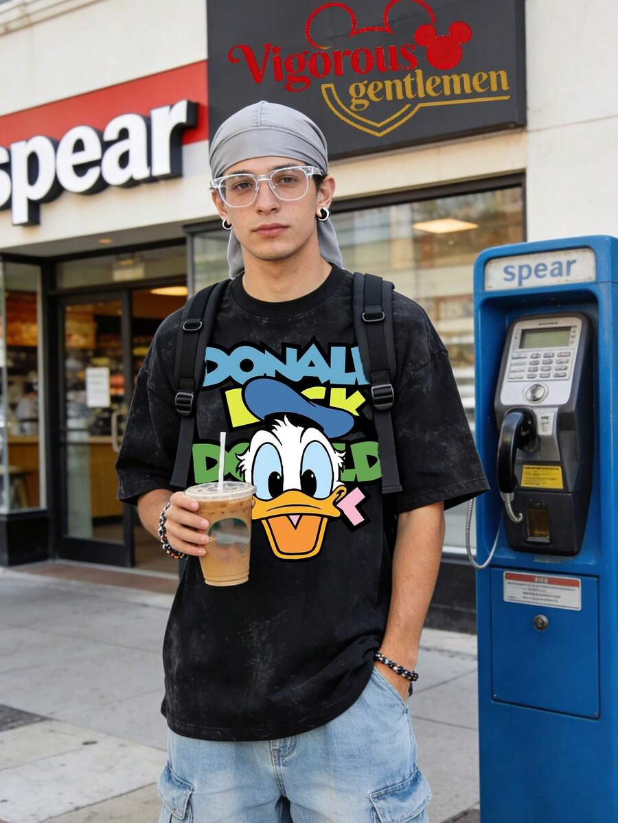Disney Vintage Washed 230g Casual T-Shirt |  Big Head Color-Block Letter Print Short Sleeve - Black - View 1