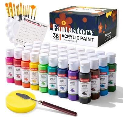  Fantastory 52Pack Acrylic Paint Set, 36 Colors Multi-Surface Craft Paint With 12 Brushes, Palette, Sponge, Color Card