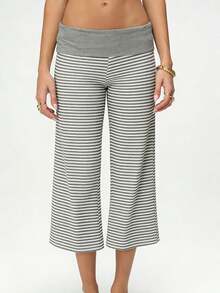 Women Fold Over Lounge Capris Wide Leg Cropped Flowy Gaucho Pants Comfy Casual Yoga Coluttes Pajama Bottom - 灰色 - 查看 2