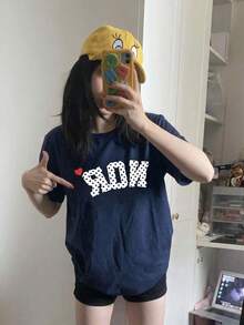 Áo thun rộng màu xanh hải quân, in chữ và trái tim chấm bi, áo thun tay ngắn kiểu sinh viên, áo phong cách đường phố Y2K dễ thương, áo thun in hình họa tiết thường ngày cho nữ mùa hè - Màu xanh đậm - Xem 2