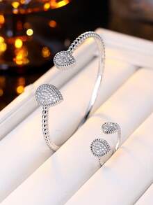 1 Set Elegant Niche Design Heart-Shaped Open Bangle & Ring Set, Delicate Versatile Commuter Jewelry, Suitable For Gifting & Daily Wear - Bracelet Ring Set - View 7