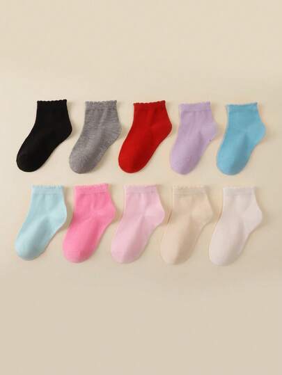 10双装儿童袜子，彩色小女孩蕾丝袜，百搭纯色学生袜