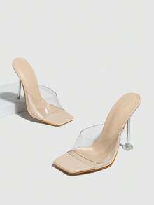 女士夏季透气透明坡跟一脚蹬性感透明细高跟穆勒鞋派对凉鞋，杏色 - 杏色 - 查看 7