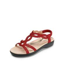 Women Comfort Flat Sandals Rhinestone Orthopedic Sandals Summer Walking Sandals With Elastica Back Strap Slip-On Vacation Beach Flats Shoes - Đỏ - Xem 6