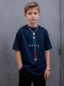 Tween Boys Casual Printed Round Neck Short Sleeve T-Shirt, Summer Top - Navy Blue - View 2