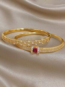 1Pc/Set 18K Gold Plated Elegant Copper Exquisite Paved Zirconia Rose Ruby Bangle Bracelet,Party,Daily,Christmas,Birthday Gift/Gala/Wedding/Halloween - Multicolor - View 6