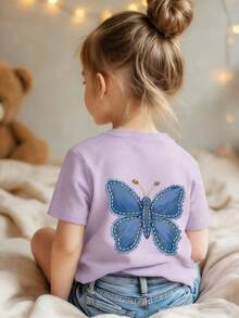 女童休闲印花圆领短袖T恤，夏季上衣 - 淡紫色 - 查看 3
