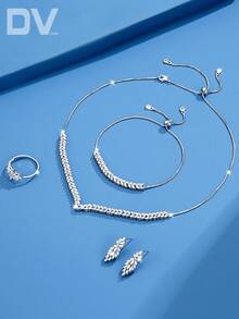 DV JEWELRY 5件套弹力首饰套装，镶嵌立方氧化锆，铂金镀层，奢华项链、手链、耳环、开口戒指，优雅女士首饰套装，派对/周年纪念礼物，附赠礼盒 - 查看 2