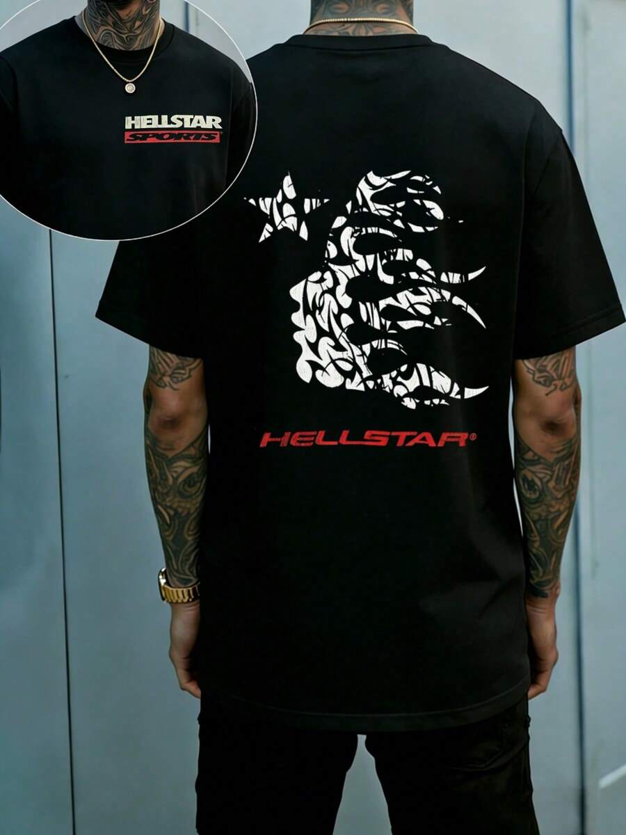 Hellstars  Fire Hair Star Sports Vintage T-Shirt Double Sided Printed (220g 100% Cotton T-Shirt),Summer Clothes, Men's Tops, Casual And Comfortable, Fashionable Graphic Tee, Unisex Style - 黑色 - 查看 1