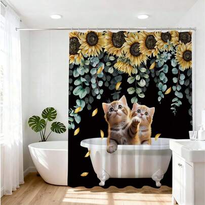 1 cái Rèm tắm hình mèo hoa hướng dương dễ thương, họa tiết mèo con đáng yêu, chống thấm nước, rèm tắm gia đình với hoa hướng dương vàng và lá bạch đàn xanh, chủ đề động vật hoa lá cổ điển, vải trang trí vách ngăn bồn tắm lấy cảm hứng từ thực vật và hoa tự nhiên, rèm tắm hình mèo phù hợp cho phòng tắm gia đình.