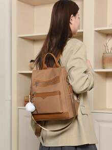 Backpack With PU Pom-Pom Decoration, Multifunctional Fashion Backpack For Women, Handbag, Shoulder Bag, Large Capacity, Multiple Pockets, Multi-Layer, Short Travel Bag - Brown - View 7