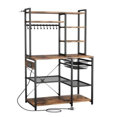 Kitchen Bakers Rack, 5 Ft Power Cable Bakers Rack With Power Outlet, Kitchen Stand With X-Shaped Support Bar, 10 S-Shaped Hooks, Coffee Bar Stand For Dishes, Spice Bottles, Built-In Power Strip