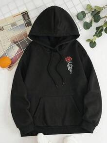 New Women's  HoodiesModa Masculina Explosiva Mangas CortasValentine's Day Rose Skull Print Women Long Sleeve Pocket Drop Shoulder Casual Hoodie - 黑色 - 查看 2