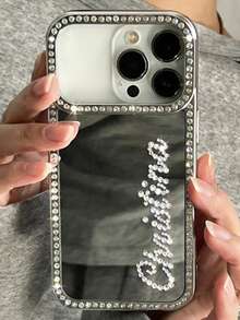 [Customized] Personalized Rhinestone Name Makeup Mirror Phone Case Compatible With IPhone 17 16 15 14 Plus 13 12 11 Pro Max 17Air, Shockproof Protective Back Cover - Silver - View 4