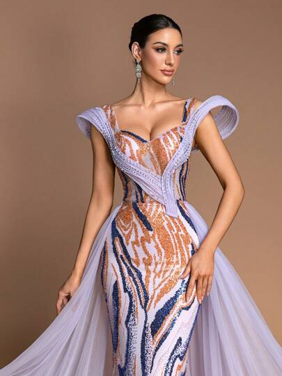 Sequin, Rhinestone & Mesh Patchwork Pattern Formal Evening Dress For Women Spring