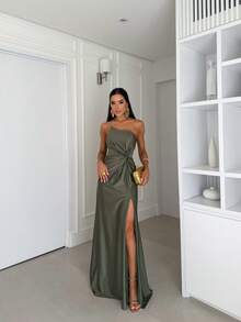 Long Strapless Formal Dress With An Elegant Knot, Perfect For Bridesmaids, Graduation, Or Weddings. - Màu xanh Ô liu - Xem 1