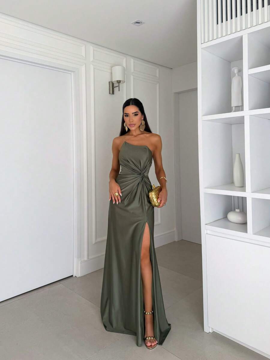 Long Strapless Formal Dress With An Elegant Knot, Perfect For Bridesmaids, Graduation, Or Weddings. - Màu xanh Ô liu - Xem 1