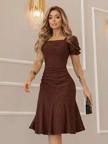 Women's Modern Casual Elegant Midi Lace Dress With Spandex, Comfortable, And Ruffled Hem. - 鏽棕色 - 查看 1