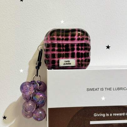 Funda para auriculares a cuadros negra y rosa con colgante, cubierta protectora a prueba de golpes de acrílico compatible con Apple 1/2/3/4/Pro/Pro2/Pro3