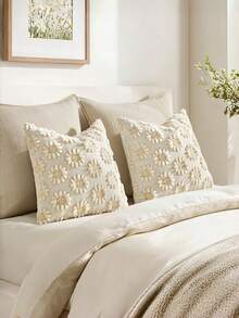 1件裝春夏花卉向日葵圖案抱枕套組，柔軟天鵝絨仿毛緹花，適用於沙發家居裝飾 - 白色 - 查看 7