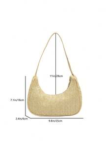 Neue Mode Handtasche für Frühling/Sommer, Stroh-Schultertasche, Strandtasche für den Urlaub, lässige Halbmond-Tasche mit Perlenkette, modische einfarbige geschwungene Halbmond-Unterarmtasche, elegante Damentasche - Khaki - Übersicht 2