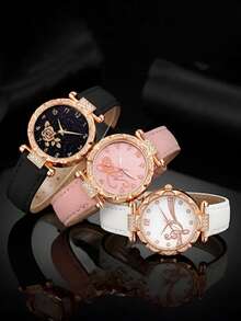 Set Jam Tangan Quartz Wanita 3/2/1 buah, Dial Vintage Bertabur Berlian Imitasi yang Elegan & Mewah, Cocok untuk Pemakaian Sehari-hari, Dekorasi Pesta, atau Hadiah Liburan untuk Teman dan Ibu - MultiWarna - View 2