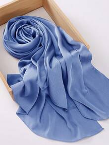 New Spring/Summer Satin Textured Modest Hijab Scarf, Solid Color Pleated Rectangular Muslim Headscarf - Dusty Blue - View 3
