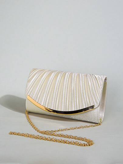 Bridal Elegant Satin Pleated Fan Clutch, Removable Gold Chain Evening Bag For Wedding Photoshoot & Reception,Bridesmaid Fan Pleated Satin Evening Clutch, Metallic Bar Accent Handbag For Bachelorette Party & Bridesmaid Proposal,Prom Queen Champagne Pleated Fan Clutch, Gold Chain Crossbody Purse For Homecoming Dance & Graduation Ceremony