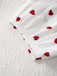 3pcs Women Bubble Crinkle Sleepwear Set, Valentine's Day Red Heart Print Open Front Pajamas - White - View 5