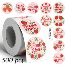 500pcs Pink Strawberry English Gratitude Doodle Stickers, 1 Inch Round 10 Cartoon Patterns, Suitable For Scrapbooking, Diary, Cards, Gift Wrapping, Daily And Holiday Parties, PVC Sticker Decals - Strawberry (English Thank You) - View 1