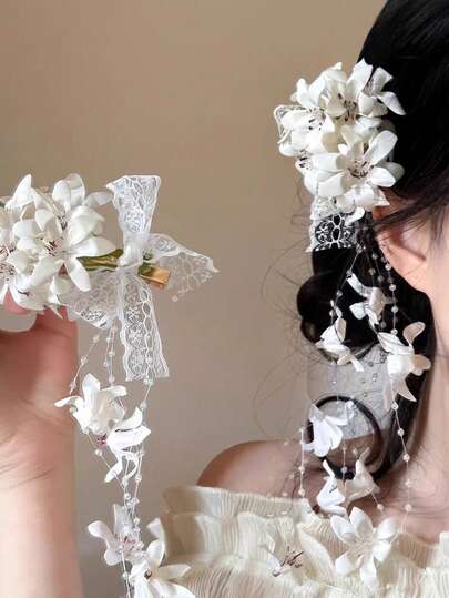 1pc Woodland Style Faux Lily Of The Valley Flower Hair Clip, Ethereal Tassel Side Hairpin Bun Accessory For Women