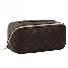 1 pieza Bolsa de maquillaje de viaje de piel sintética (PU), organizador de cosméticos para brochas, polvos, lápices labiales, etc., adecuado para playa, escuela, baño, vacaciones, Día de San Valentín, regalos de Navidad para mamá, familia, amigos, estudiantes, esencial para viajes de otoño - Ver 12